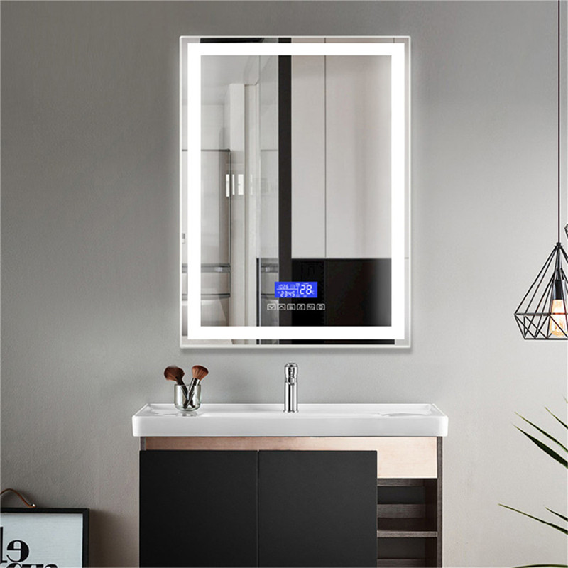 Κατακόρυφο τοίχωμα συναρμολογημένο LED Έξυπνο Καθρέφτη μπάνιου με λειτουργία θερμοκρασίας ρολογιού με Bluetooth